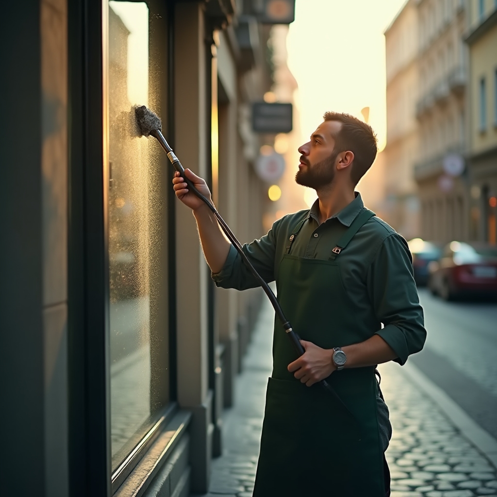 Pracovník myje výlohu obchodu v centru města